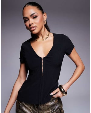 ASOS DESIGN ribbed cap sleeve structured top with plunge neck in black