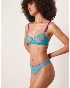 Dora Larsen Nelle tulle heart embroidered thong in bright blue