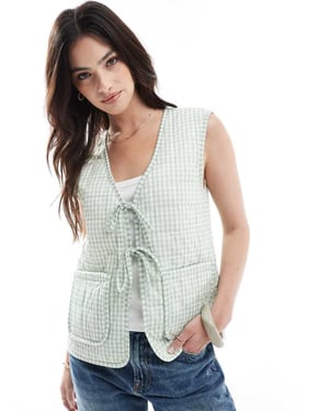 ONLY tie front quilted gilet in sage gingham check