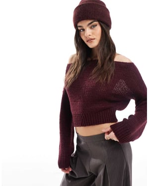 Miss Selfridge off-shoulder stickad tröja i plommon