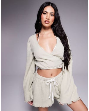 ASOS DESIGN Callie cheesecloth frayed wrap front beach shirt in washed sage