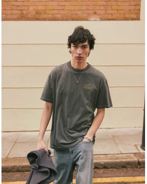 Topman avslappnad passform t-shirt med fram- och baksidesetiketttryck och broderi i kolgrå