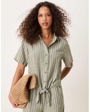 JDY knot front shirt co-ord in sage stripe
