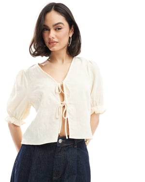 Pieces jaquard detail tie front puff sleeve top in cream
