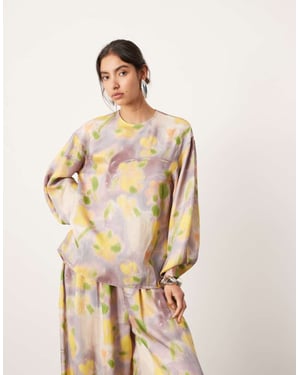 ASOS EDITION satäng långärmad topp set i suddig blommönster
