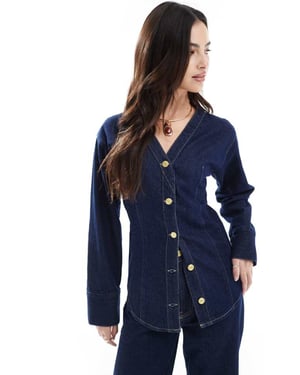 ASOS DESIGN collarless v neck denim shirt in rinse co-ord