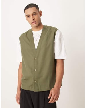 ASOS DESIGN sleeveless deep V neck regular shirt in khaki