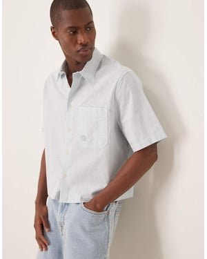 ASOS DESIGN boxy linen blend shirt with tonal chest embroidery in blue