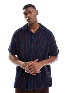 Wrangler Resort short sleeve relaxed woven stripe cotton dobby shirt in navy stripe