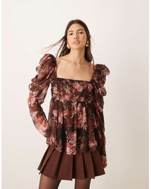 ASOS DESIGN fyrkantig halsringning flytande chiffong långärmad topp med blommönster