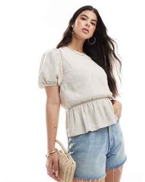 ASOS DESIGN linne-look peplumtop med puffärmar i stenfärg
