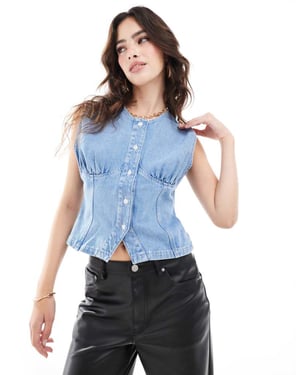 ASOS DESIGN denim topp med rynkad byst i mellanblått