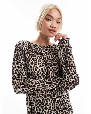 Pieces plisserad långärmad topp set i leopardmönster