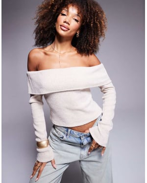 ASOS DESIGN off shoulder borstad ribbad vik över topp i sten