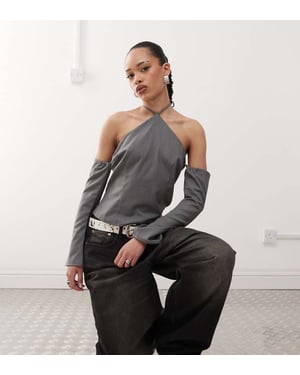 Labelrail x Jennifer McKing tailored halter long sleeve top in school grey