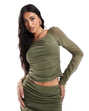 ASOS DESIGN koord mesh långärmad rynkad topp i khaki