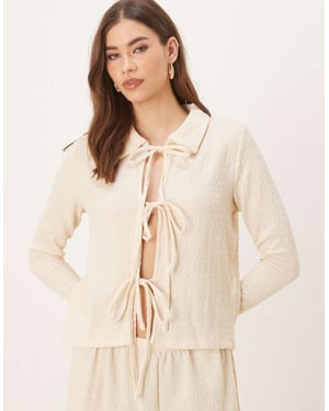 Vila texturerad polokrage knyt framtill jersey topp set i krämfärgad