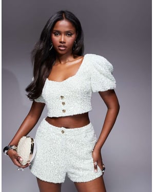 ASOS LUXE co-ord broderad texturerad puffärmsöverdel i mintgrön