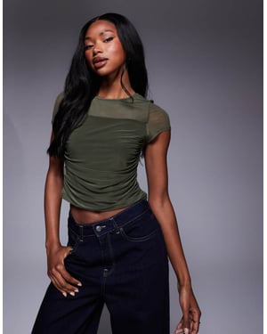 ASOS DESIGN mesh draped front short sleeve top in khaki