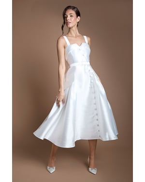 Lisa Tan Twill Volume Belted Midi Wedding Dress