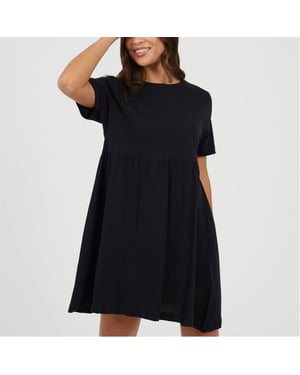 Women's Brave Soul Crew Neck Short Sleeve Mini Babydoll Dress in Black