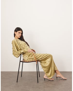ARRANGE embellished ball bearing strong shoulder open back maxi dress in green