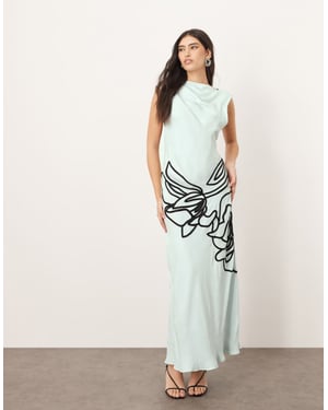 ARRANGE linear floral asymmetric column maxi dress in light blue