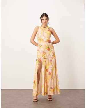 ARRANGE racer neck raw edge panelled maxi dress in peach floral print