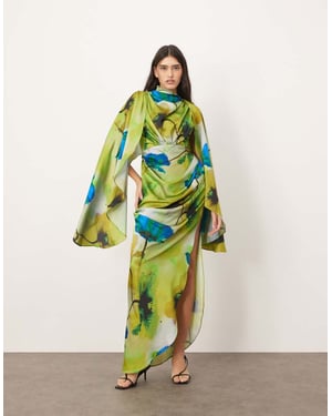 ARRANGE satin extreme sleeve maxi dress with ruching in ink floral print