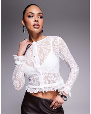 ASOS DESIGN lace shrunken cardigan with mini frill detail in ecru