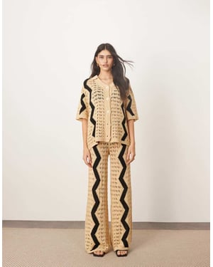 ARRANGE knitted wide leg trouser co-ord with zig zag in camel
