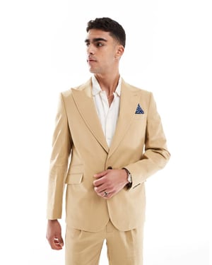 ASOS DESIGN linen blend slim suit jacket in beige