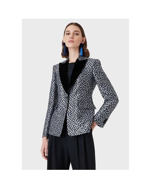 Women's Emporio Armani EA7 Collared Regular Fit Blazer Jacket in Blk/Wht Mlti