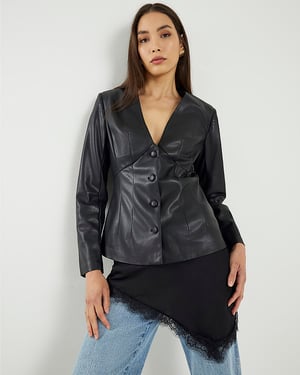 River Island Womens Top Black Faux Leather Fitted V-Neck