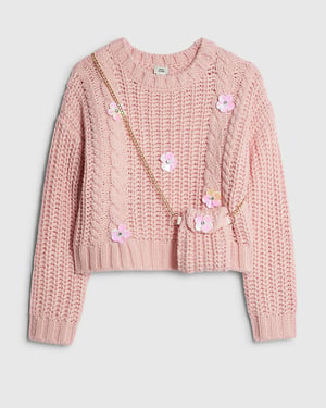River Island Girls Jumper & Bag Set Pink Knitted Flower 2 Piece