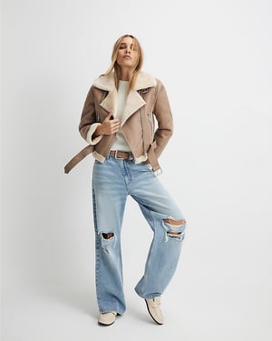 River Island Womens Aviator Jacket Brown Belted Cropped
