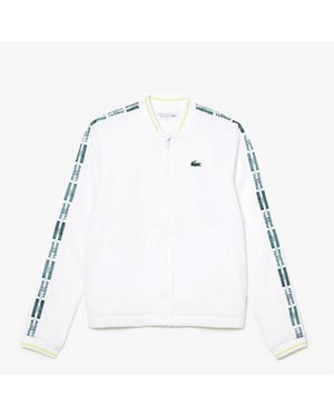 Women's Lacoste Crocodile Logo Lettering Crew Neck Bomber Collar Athletic Top in White