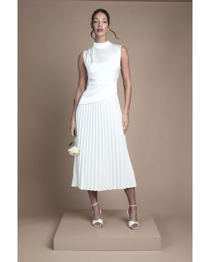 Drape High Neck Pleated Skirt Midi Wedding Dress