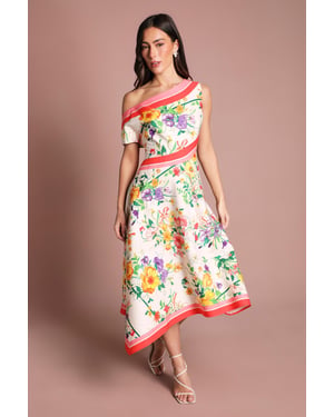 Off The Shoulder Asymmetric Printed Satin Midi Dress