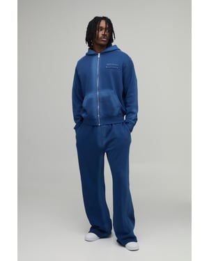Tall Boxy Spray Seam Distressed Applique Zip Through Hooded Tracksuit