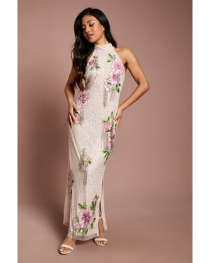 Petite High Neck Floral Sequin Maxi Dress