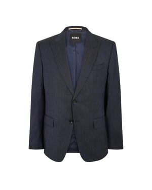 Men's Boss Solid Patterned Notch Collared Flap Pocket Full Suit in Dark Blue