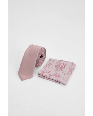 Plain Pink Tie and Floral Pocket Square
