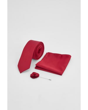 Red Tie With Pocket Square and Lapel Pin