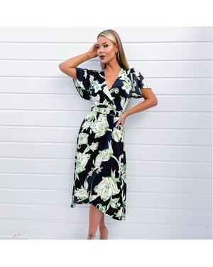 Women's AX Paris Floral Printed Short Sleeve Belted Wrap Midi Dress in Multi