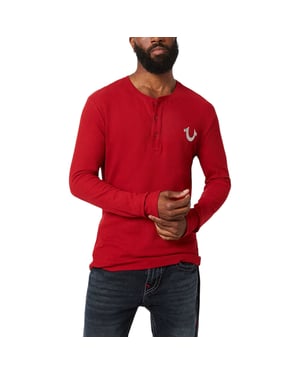 True Religion Mens T Shirts Ribbed Henley Long Sleeve Summer Cotton Tee