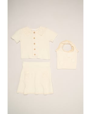 Crochet 3-Piece Set with Knit Top, Skirt & Floral Bag