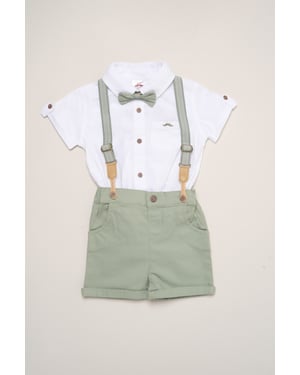 Mock Shirt Bodysuit, Shorts and Bowtie Outfit Set