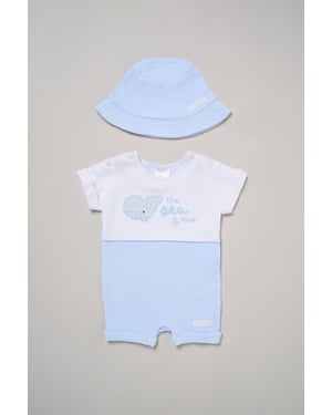 Whale Printed Romper and Reversible Hat Outfit Set