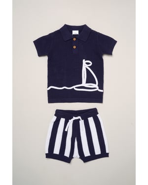 Boat Embroidered True Knit Shirt and Shorts Outfit Set